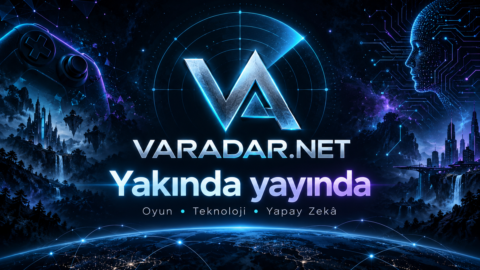 VA logosu ve radar teması. VARADAR.NET — Yakında yayında. Oyun, Teknoloji, Yapay Zekâ.